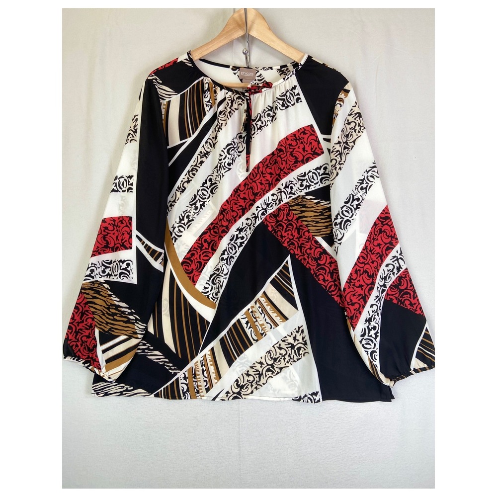 Chicos Tie Neck Blouse Women 2 Abstract Geometric Print Red Black White Career